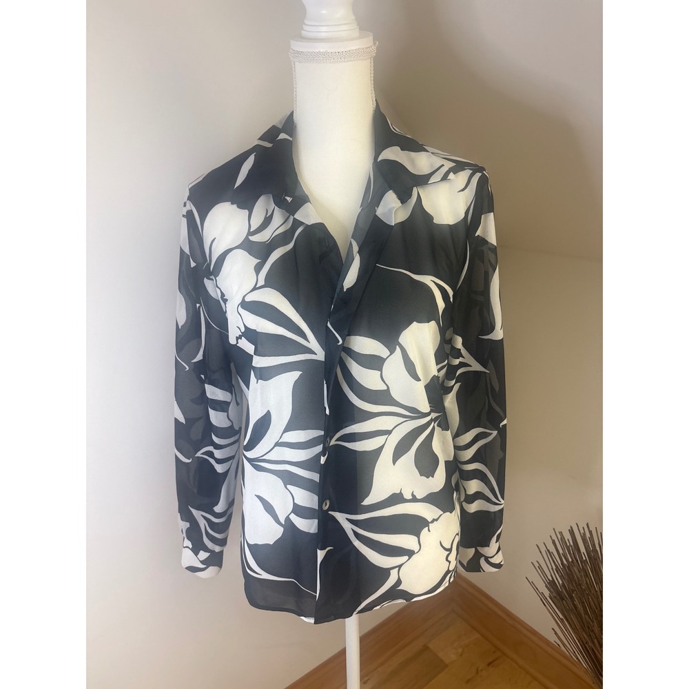 Sheer Black White Floral Sheer Button Front Blouse 87666